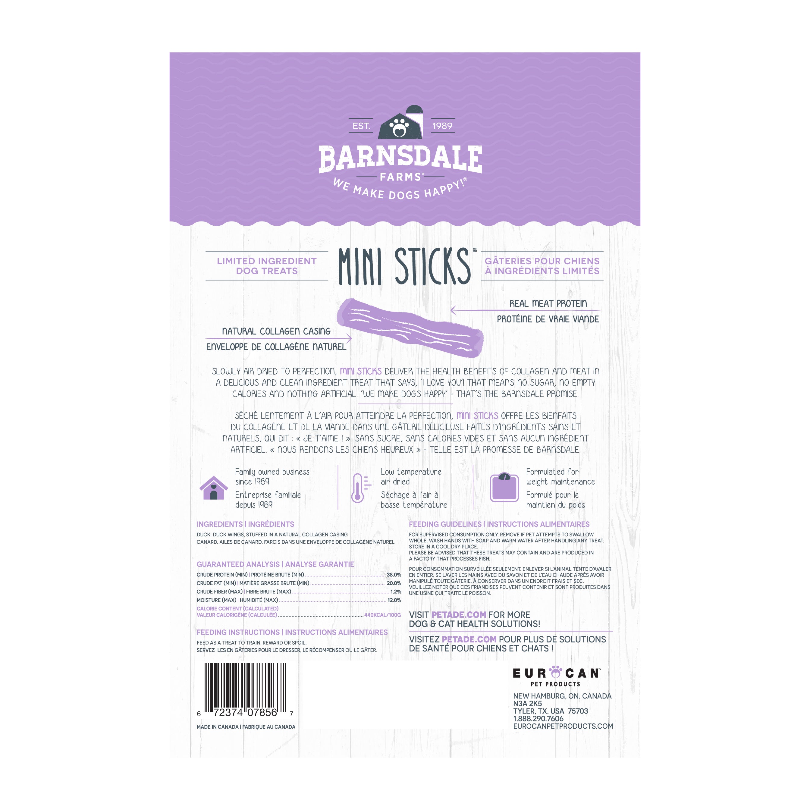 Barnsdale Farms Duck Jerky Mini Sticks Dog Treats, 600 gr., Made in Canada