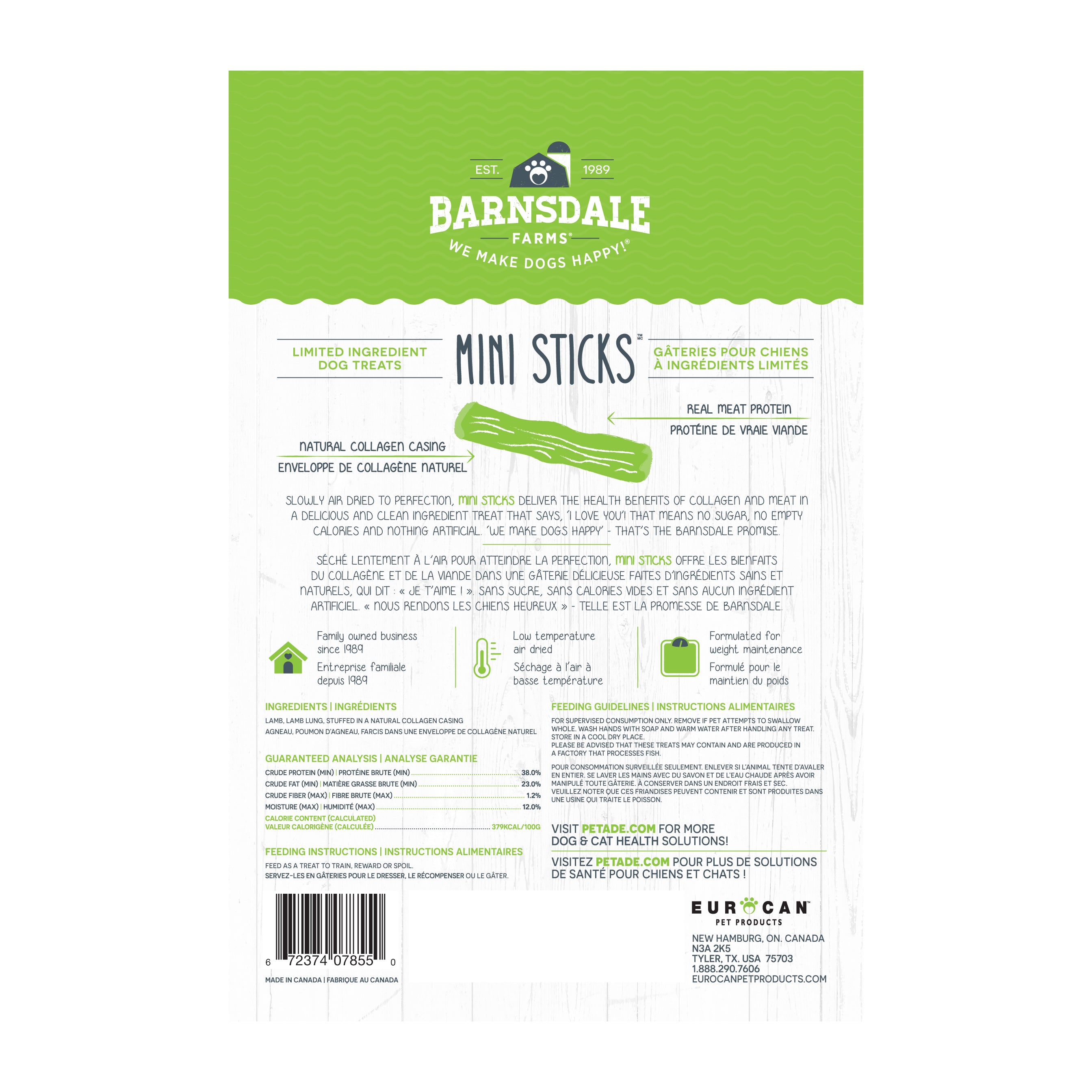 Barnsdale Farms Lamb Jerky Mini Sticks Dog Treats, 600 gr., Made in Canada